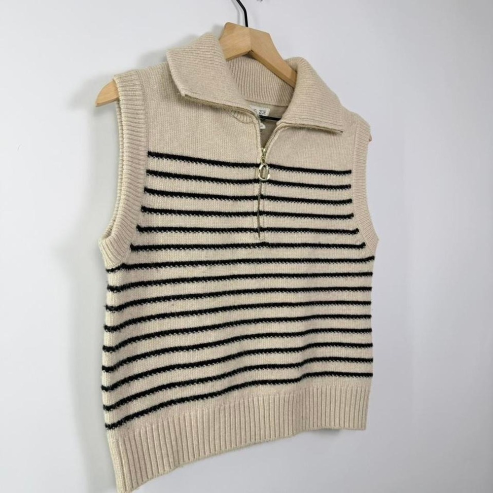 Rachel Zoe Striped Sweater Vest Cream Black Quarter Zip Knit Preppy - Picture 3 of 7